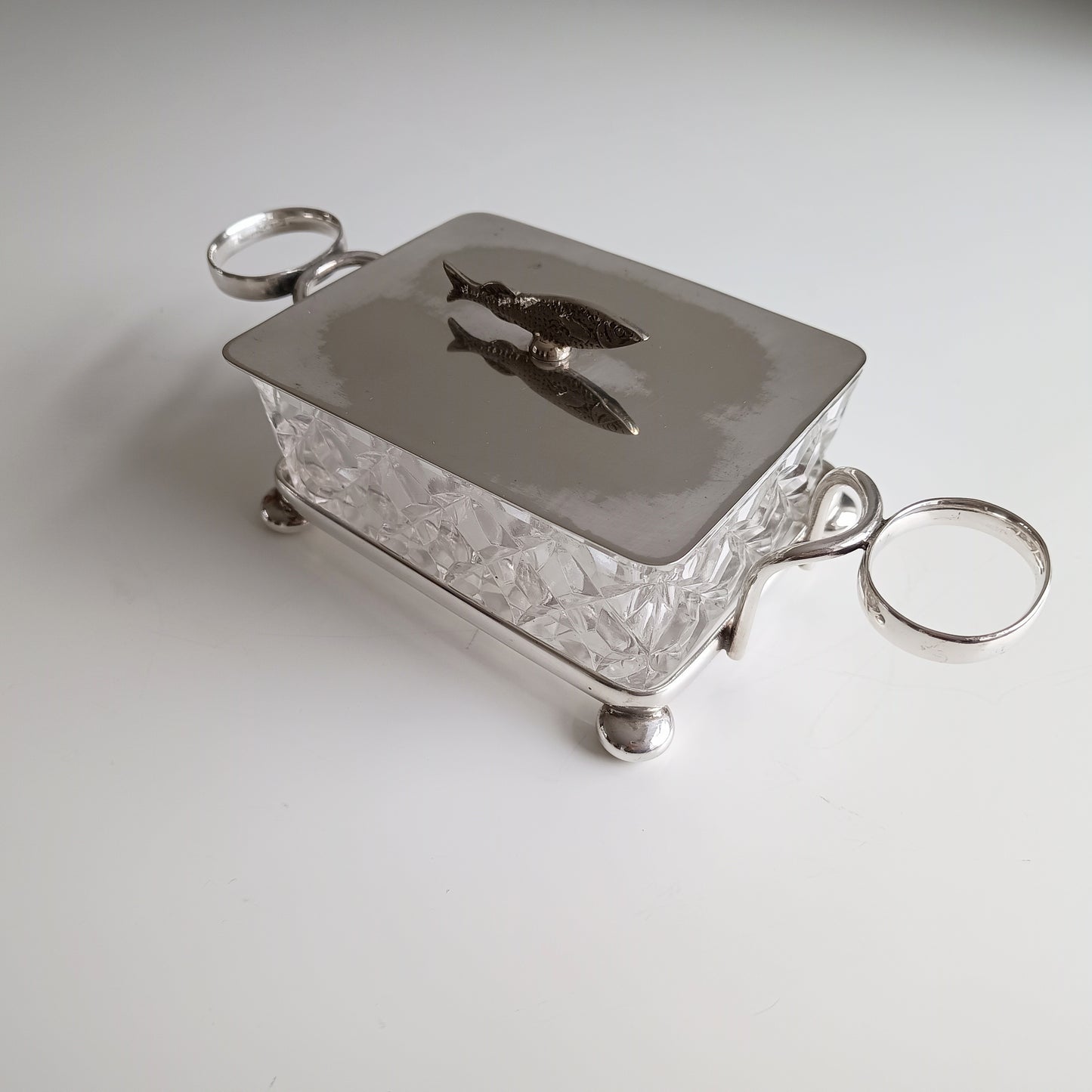 Victorian Henry Bourne Silver-Plated Sardine Dish: Zoomorphic Fish Finial, Cut Glass, England, c 1890
