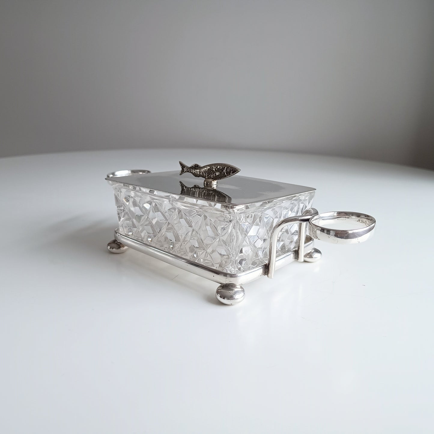 Victorian Henry Bourne Silver-Plated Sardine Dish: Zoomorphic Fish Finial, Cut Glass, England, c 1890