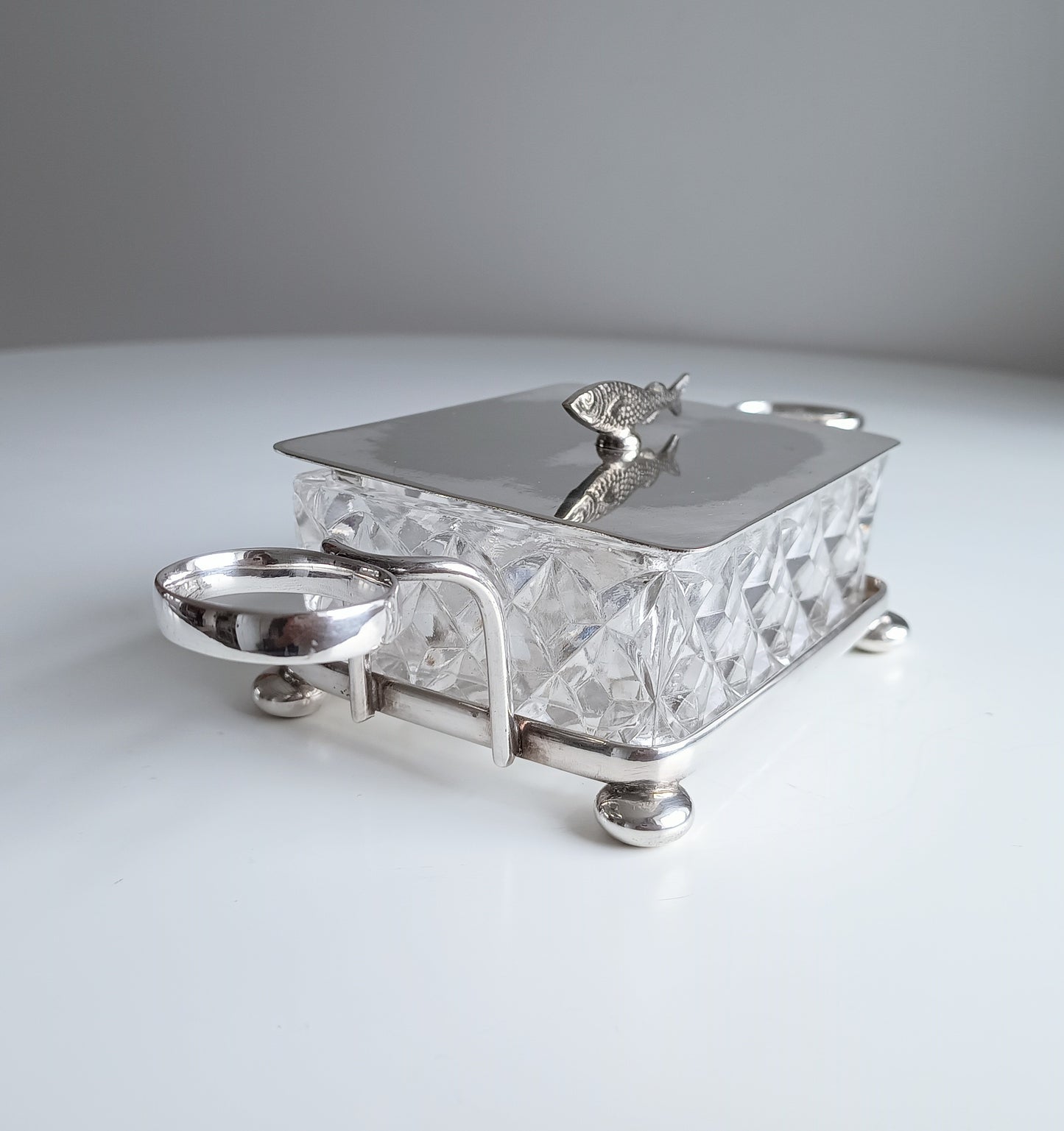 Victorian Henry Bourne Silver-Plated Sardine Dish: Zoomorphic Fish Finial, Cut Glass, England, c 1890