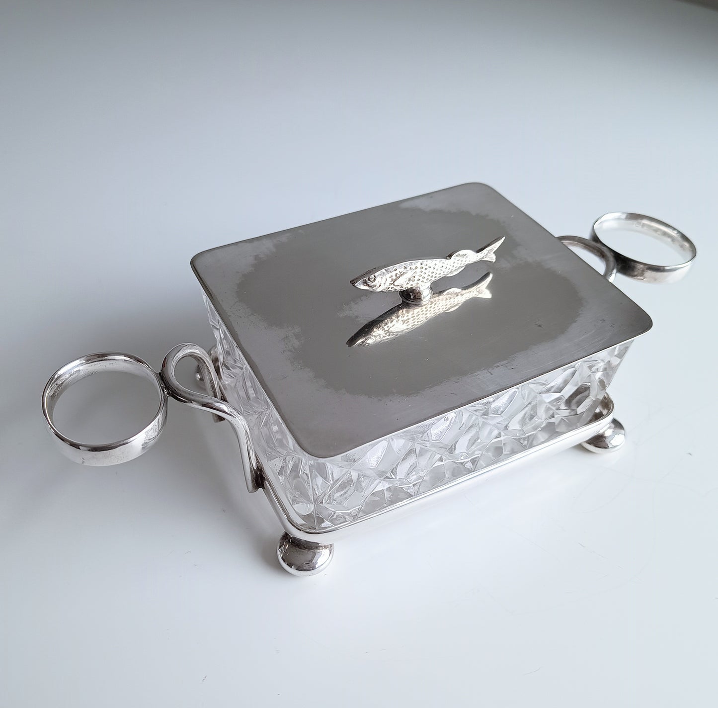 Victorian Henry Bourne Silver-Plated Sardine Dish: Zoomorphic Fish Finial, Cut Glass, England, c 1890