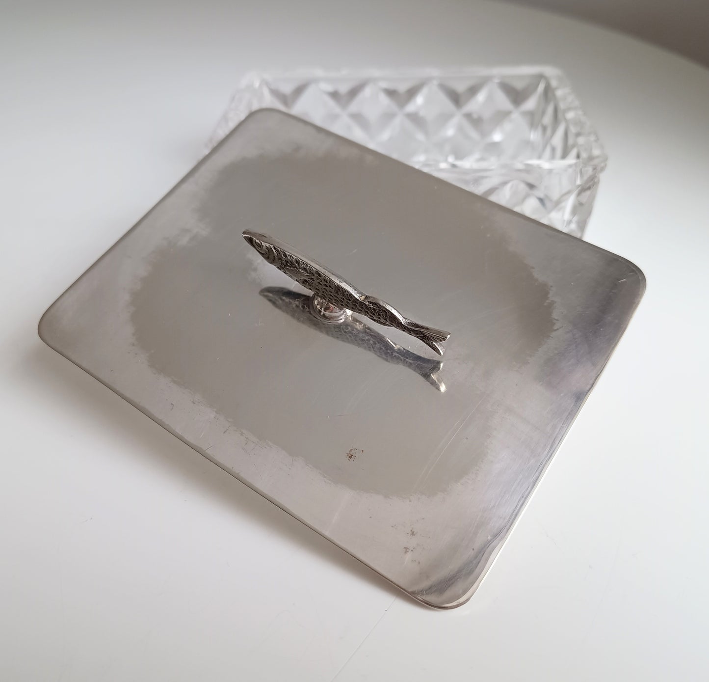Victorian Henry Bourne Silver-Plated Sardine Dish: Zoomorphic Fish Finial, Cut Glass, England, c 1890