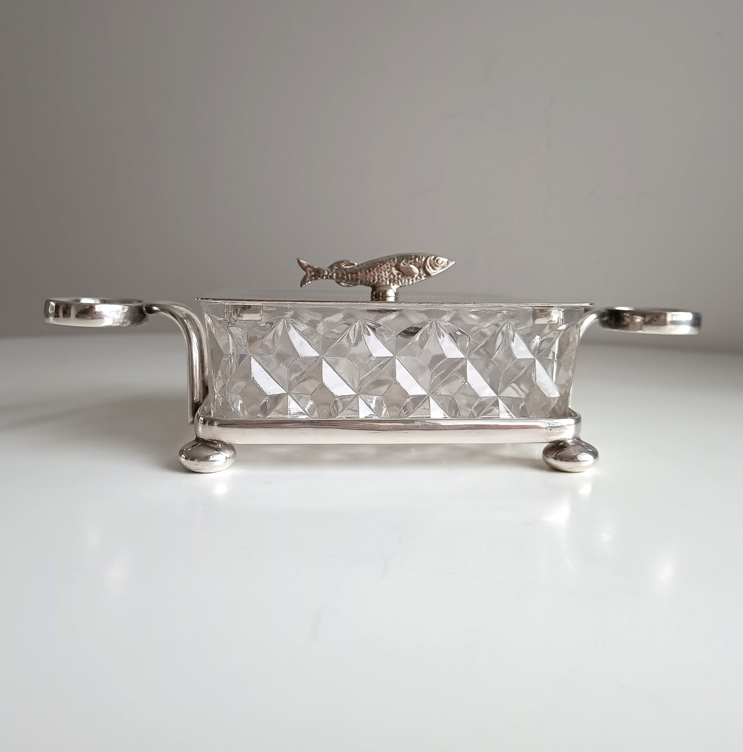 Victorian Henry Bourne Silver-Plated Sardine Dish: Zoomorphic Fish Finial, Cut Glass, England, c 1890