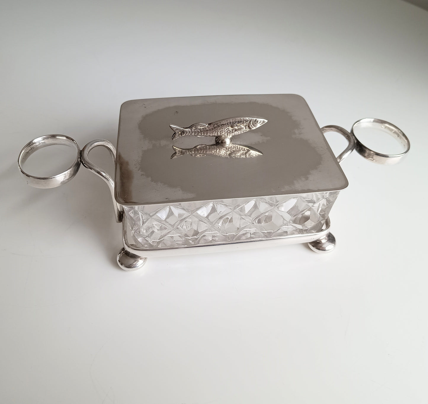 Victorian Henry Bourne Silver-Plated Sardine Dish: Zoomorphic Fish Finial, Cut Glass, England, c 1890
