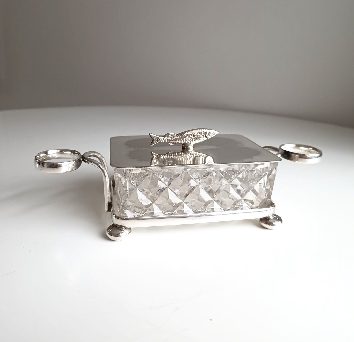 Victorian Henry Bourne Silver-Plated Sardine Dish: Zoomorphic Fish Finial, Cut Glass, England, c 1890