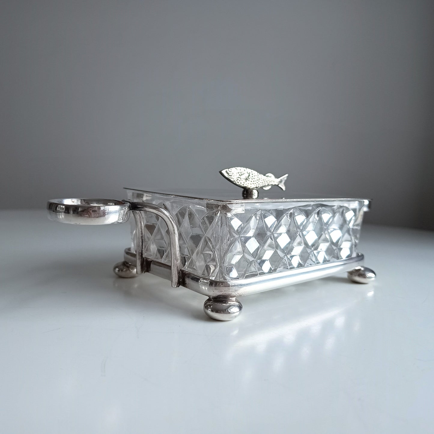 Victorian Henry Bourne Silver-Plated Sardine Dish: Zoomorphic Fish Finial, Cut Glass, England, c 1890