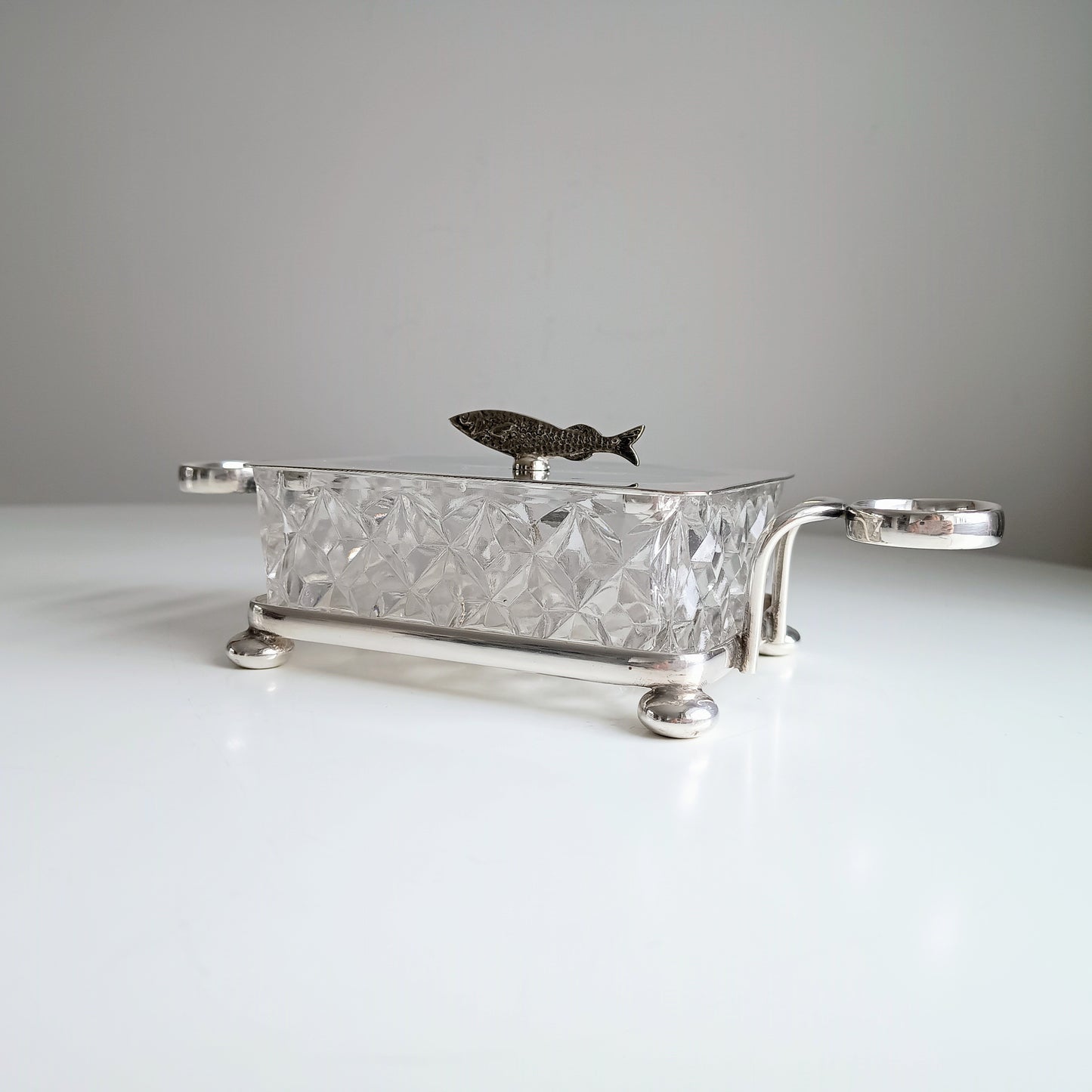 Victorian Henry Bourne Silver-Plated Sardine Dish: Zoomorphic Fish Finial, Cut Glass, England, c 1890