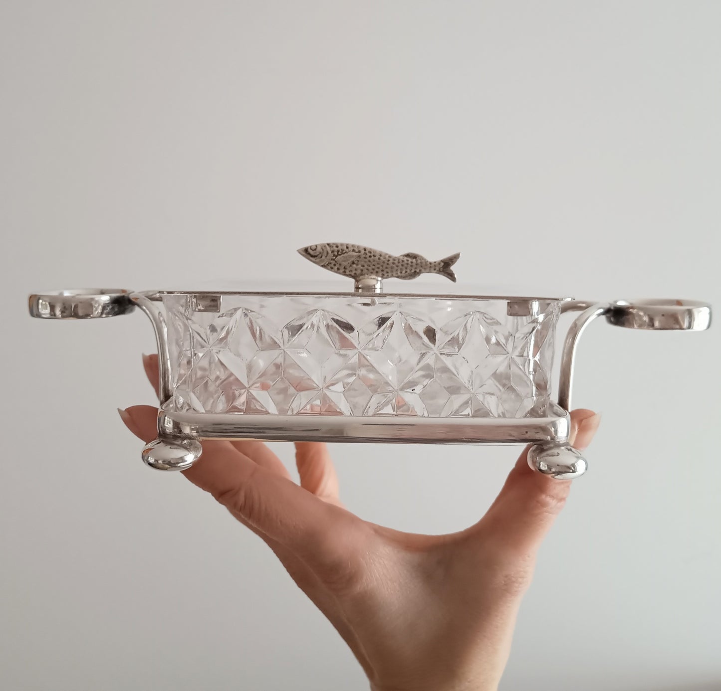 Victorian Henry Bourne Silver-Plated Sardine Dish: Zoomorphic Fish Finial, Cut Glass, England, c 1890