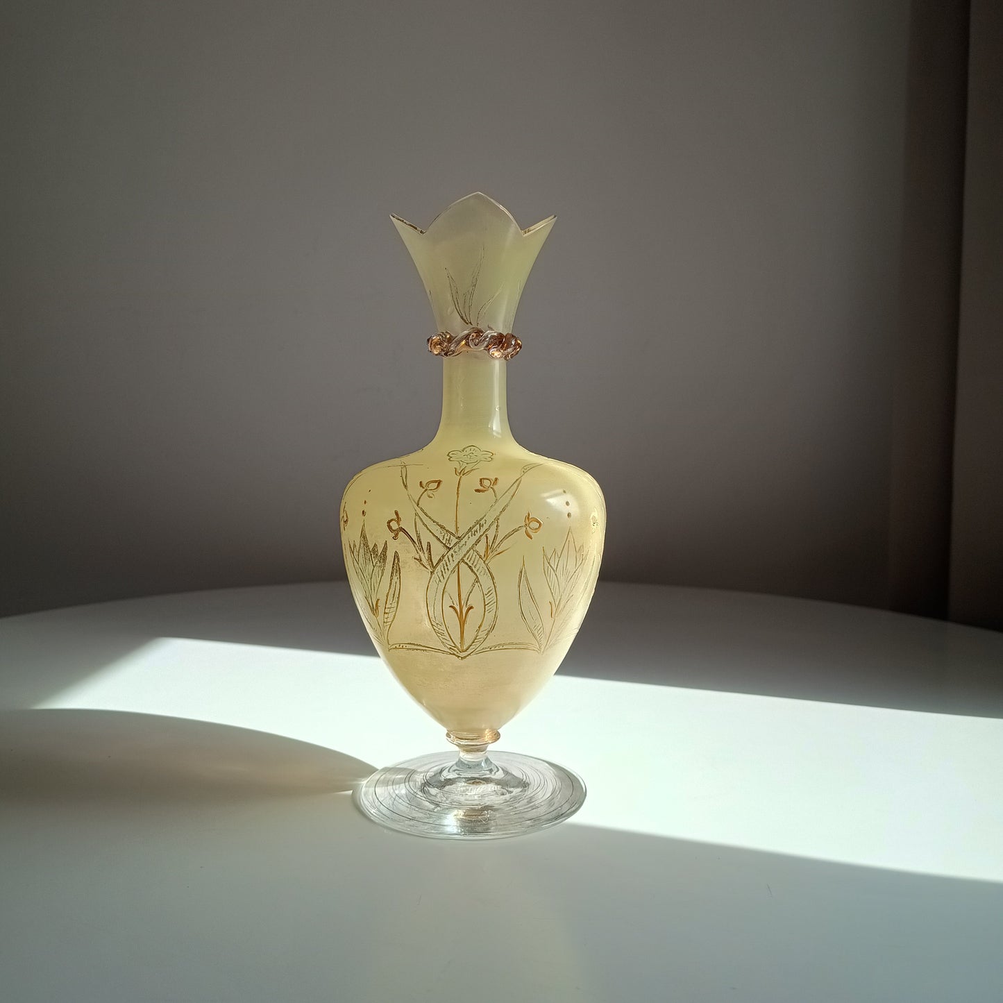 Antique Harrach Belle Epoque Japonisme Gold Paste Enamel Glass Vase: Quatrefoil Geometric Mouth