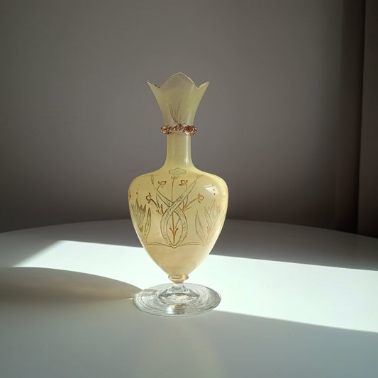 Antique Harrach Belle Epoque Japonisme Gold Paste Enamel Glass Vase: Quatrefoil Geometric Mouth