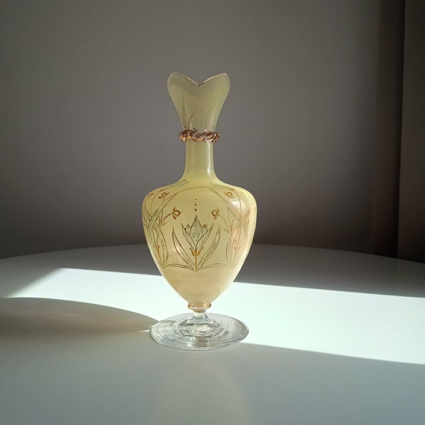 Antique Harrach Belle Epoque Japonisme Gold Paste Enamel Glass Vase: Quatrefoil Geometric Mouth