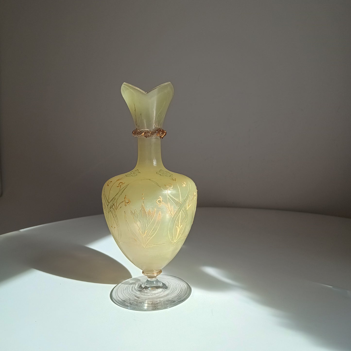 Antique Harrach Belle Epoque Japonisme Gold Paste Enamel Glass Vase: Quatrefoil Geometric Mouth