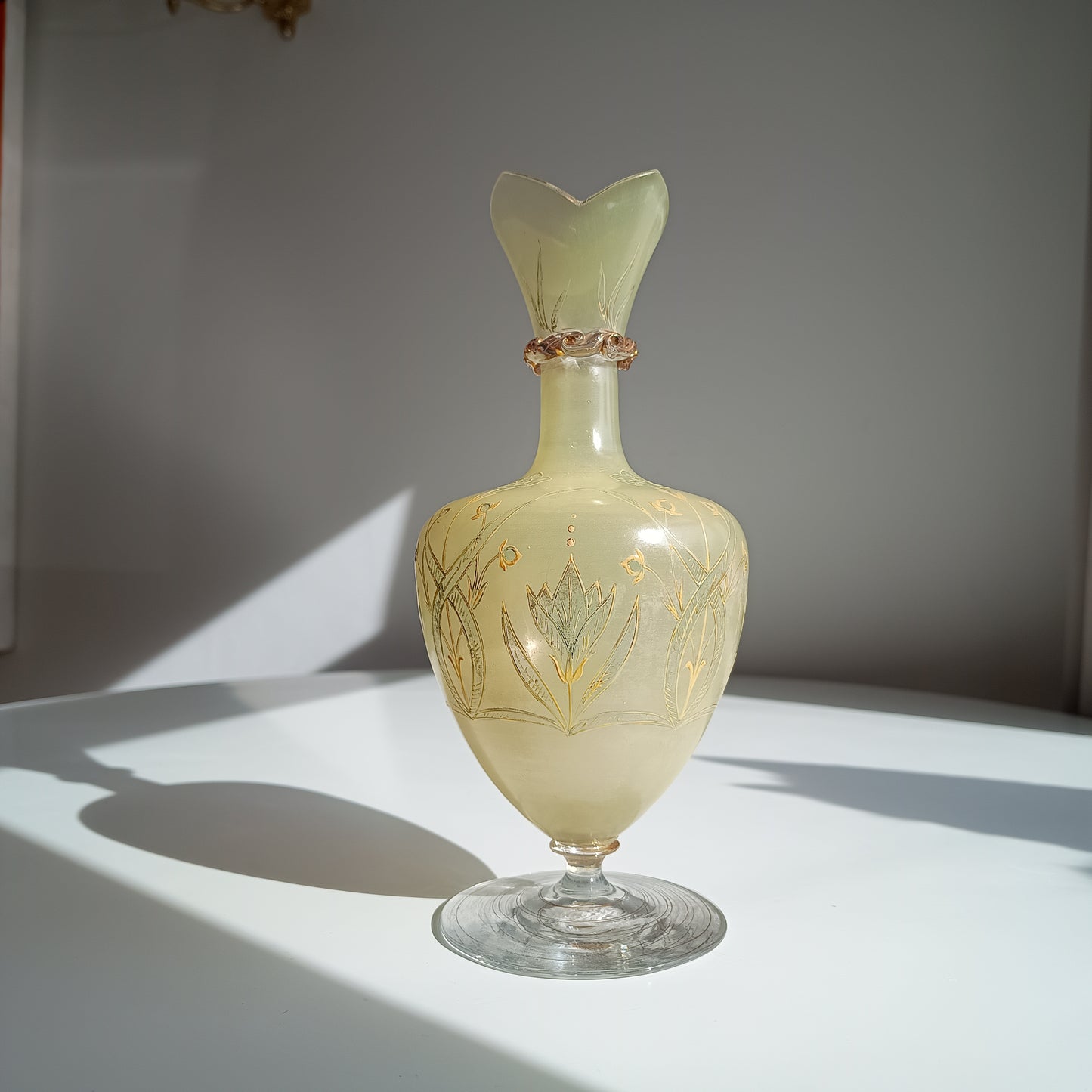 Antique Harrach Belle Epoque Japonisme Gold Paste Enamel Glass Vase: Quatrefoil Geometric Mouth