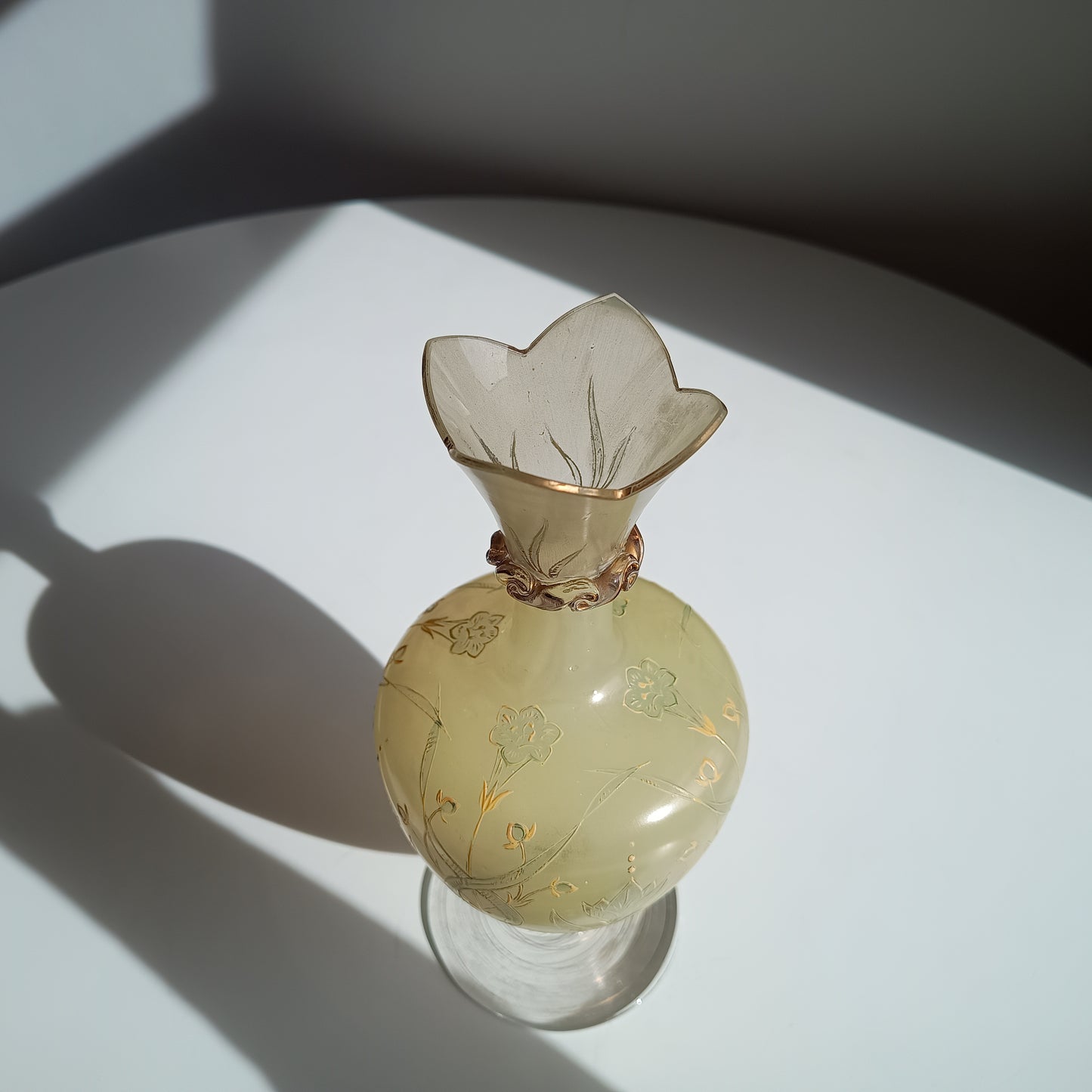 Antique Harrach Belle Epoque Japonisme Gold Paste Enamel Glass Vase: Quatrefoil Geometric Mouth