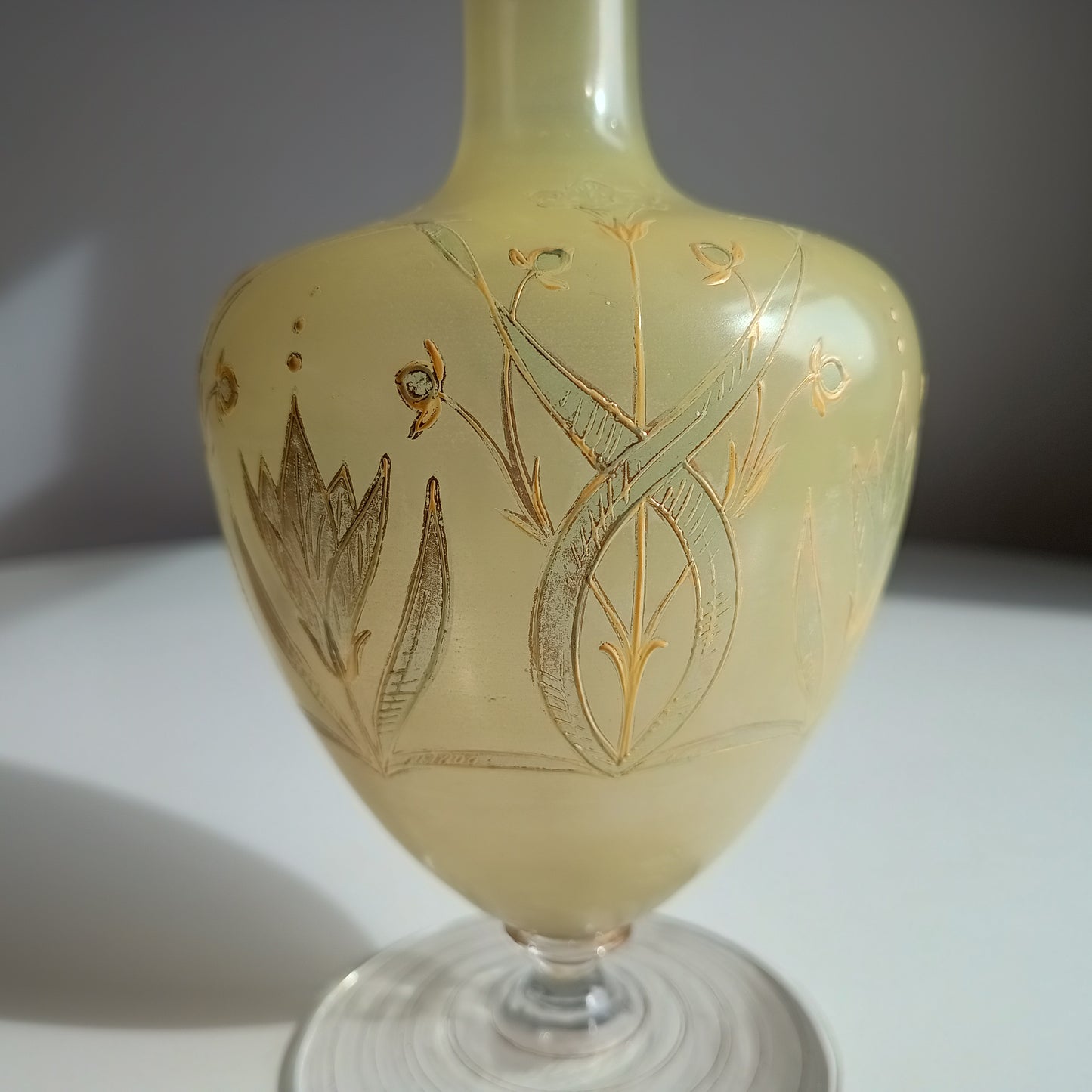 Antique Harrach Belle Epoque Japonisme Gold Paste Enamel Glass Vase: Quatrefoil Geometric Mouth