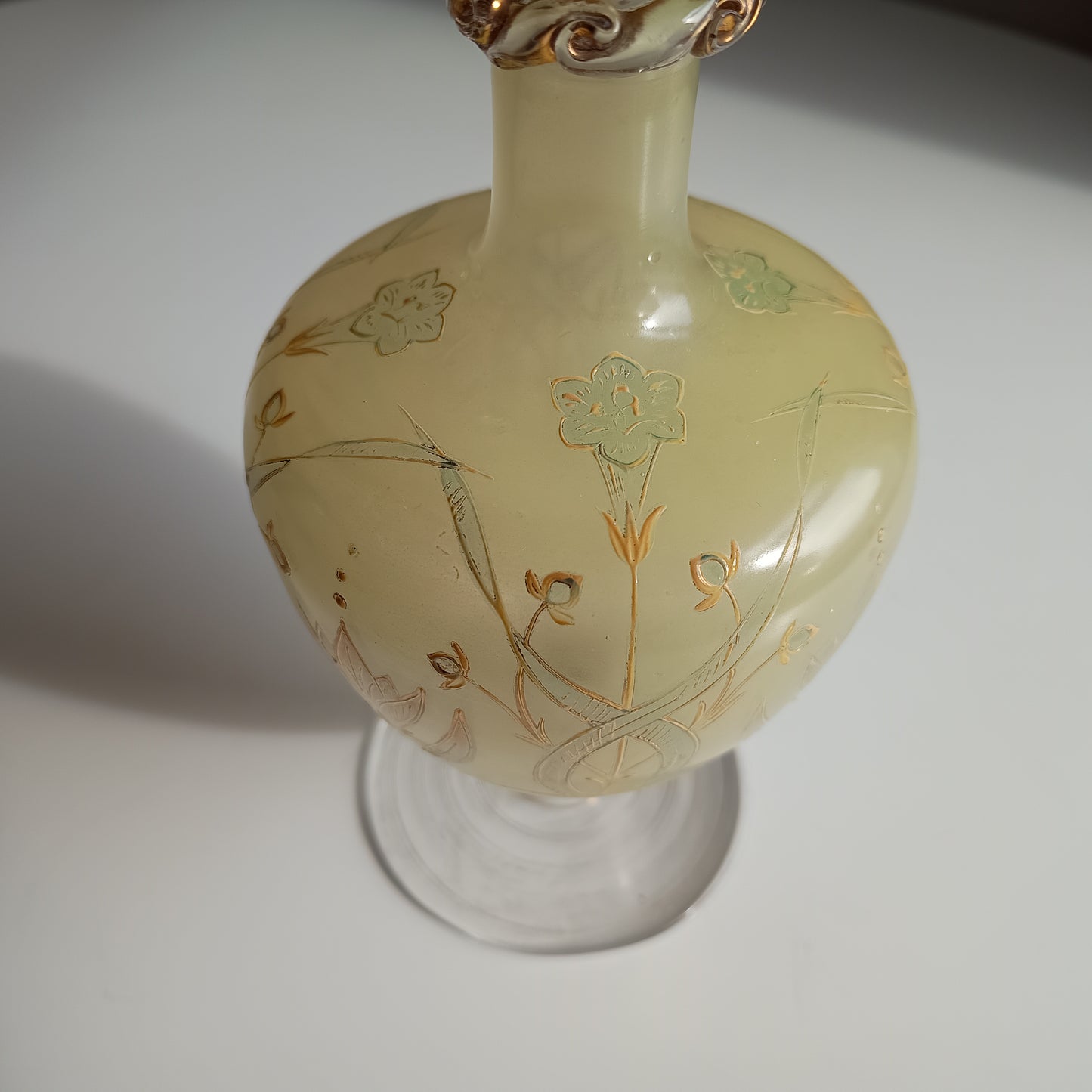Antique Harrach Belle Epoque Japonisme Gold Paste Enamel Glass Vase: Quatrefoil Geometric Mouth