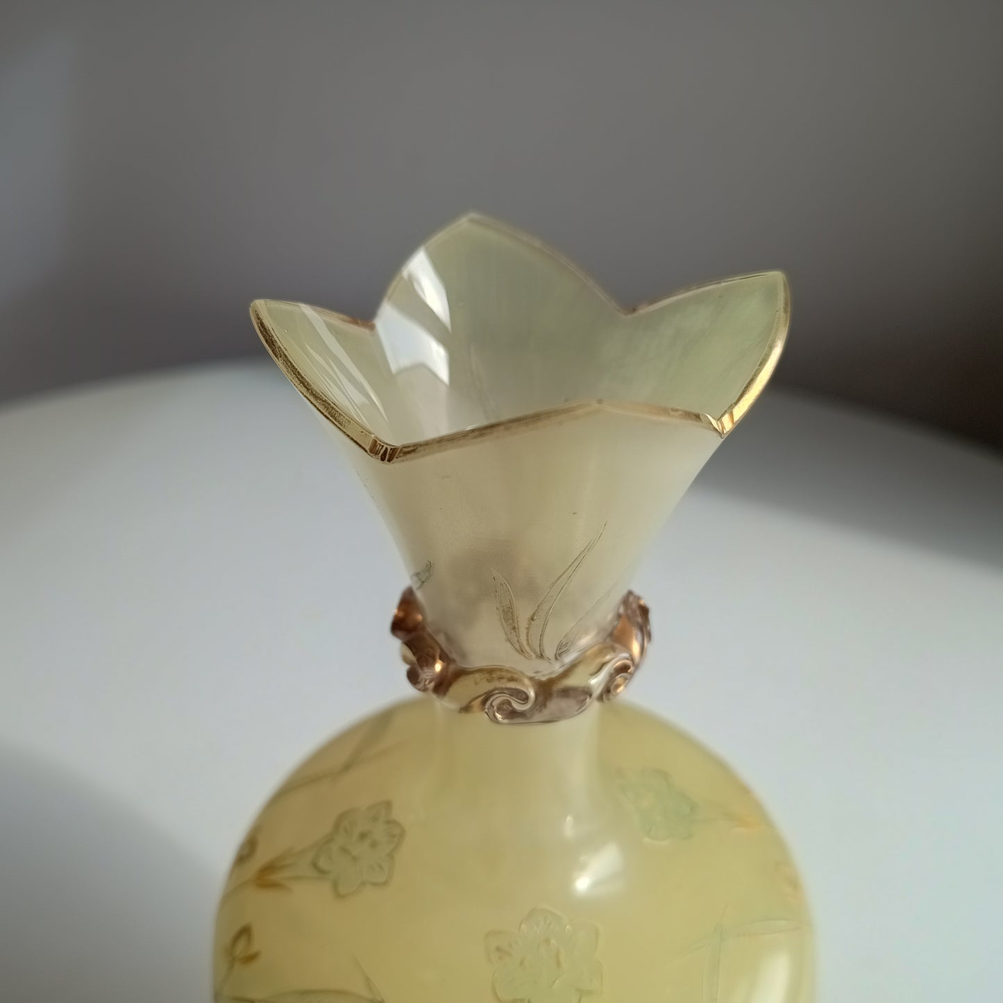 Antique Harrach Belle Epoque Japonisme Gold Paste Enamel Glass Vase: Quatrefoil Geometric Mouth