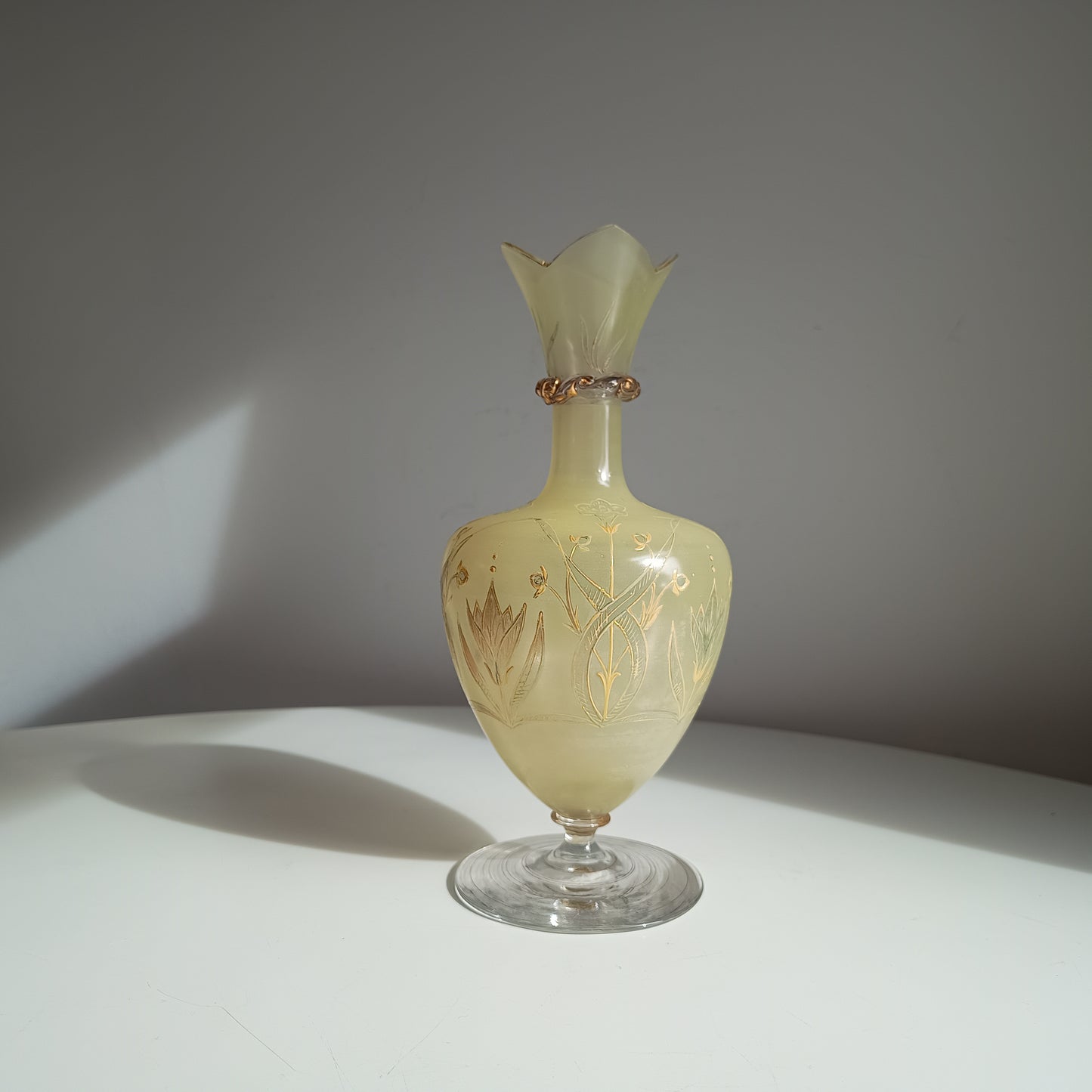 Antique Harrach Belle Epoque Japonisme Gold Paste Enamel Glass Vase: Quatrefoil Geometric Mouth