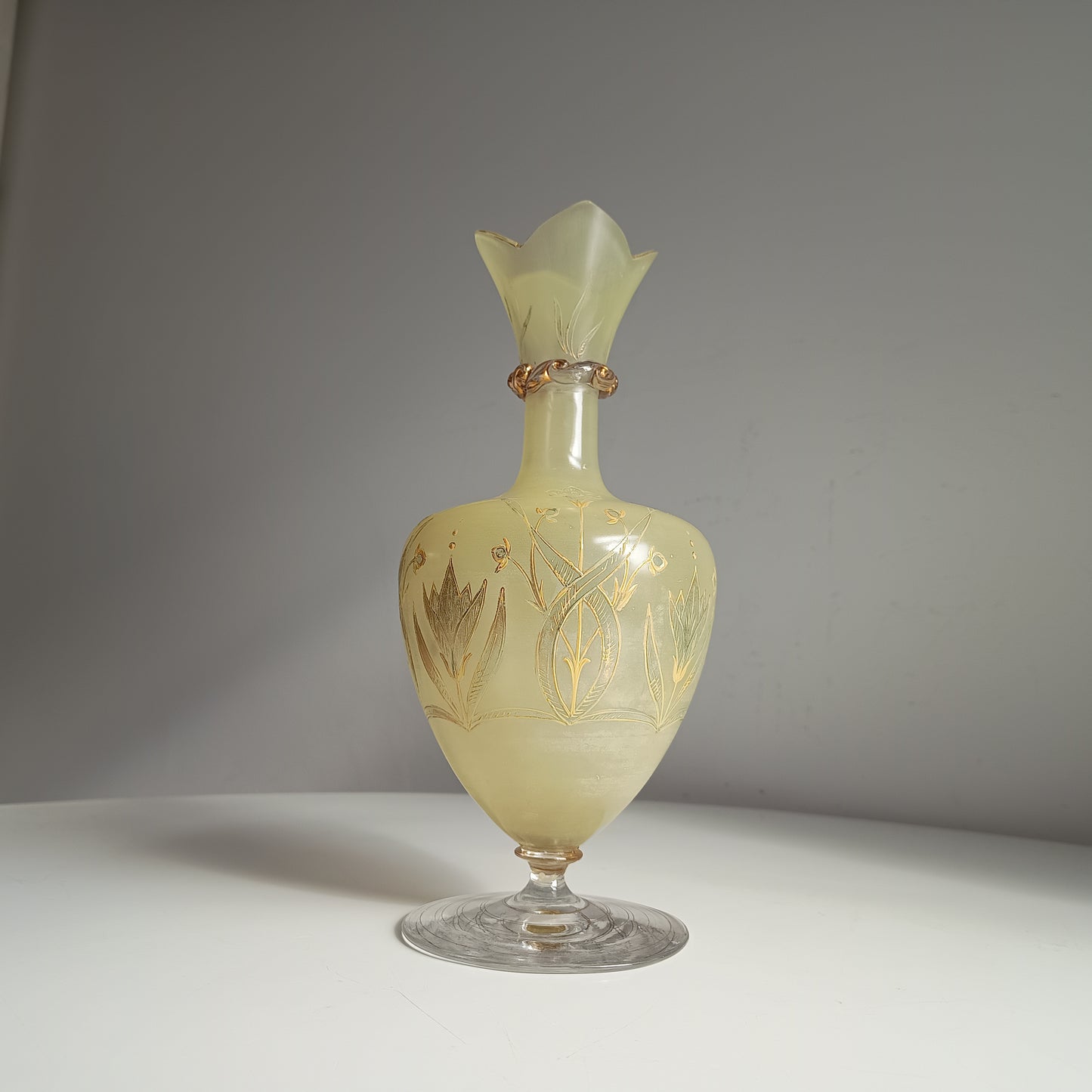 Antique Harrach Belle Epoque Japonisme Gold Paste Enamel Glass Vase: Quatrefoil Geometric Mouth