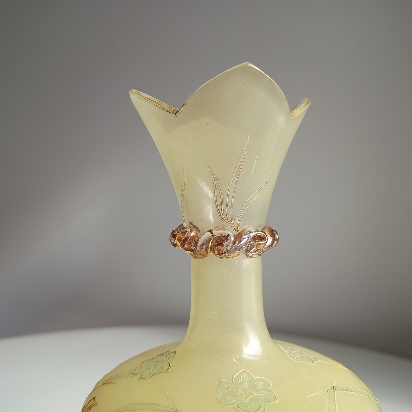 Antique Harrach Belle Epoque Japonisme Gold Paste Enamel Glass Vase: Quatrefoil Geometric Mouth
