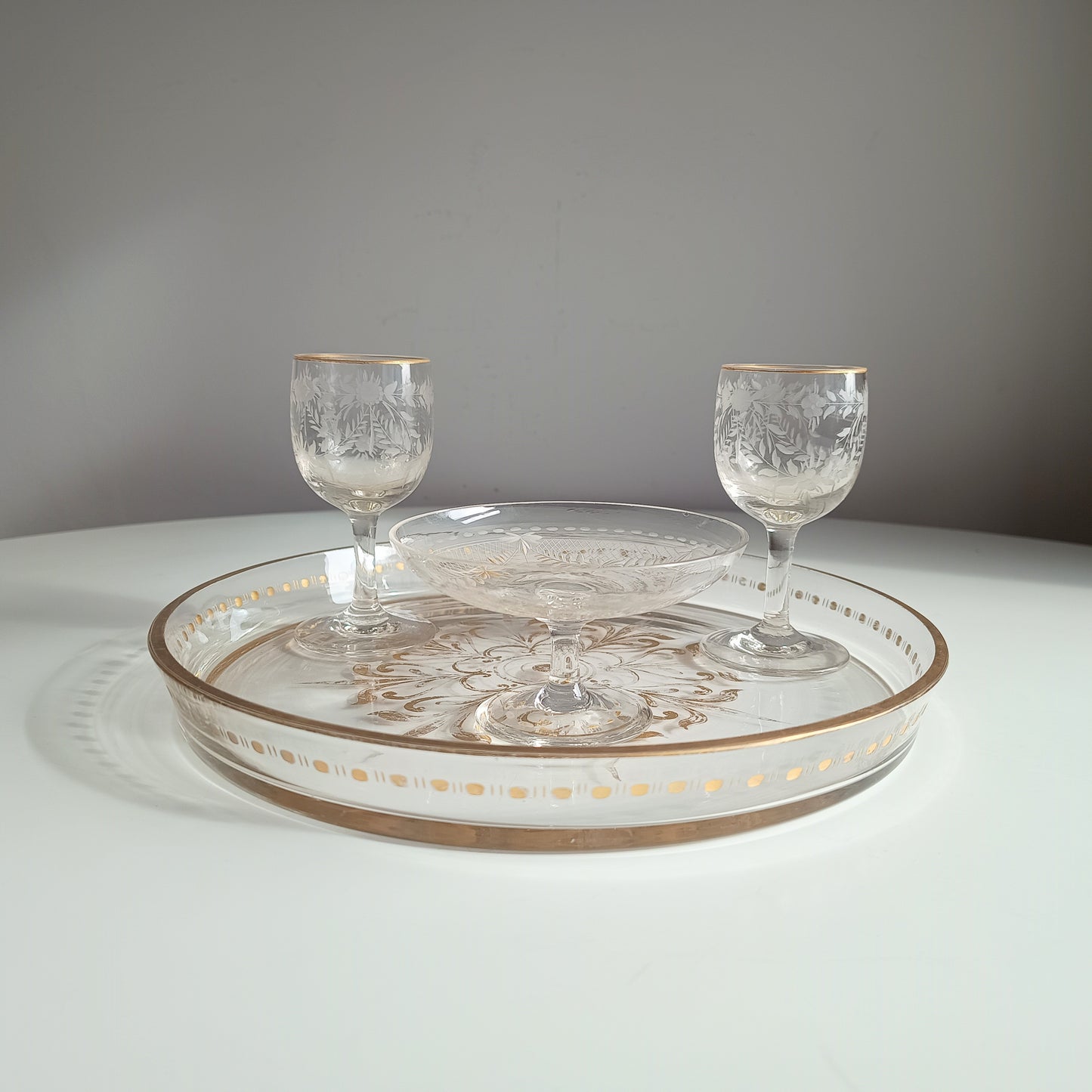 Antique French Aperitif Drinks Service: Tray, Tazza & 2 Glasses: Engraved Garlands, Gilt Decor, Belle Epoque