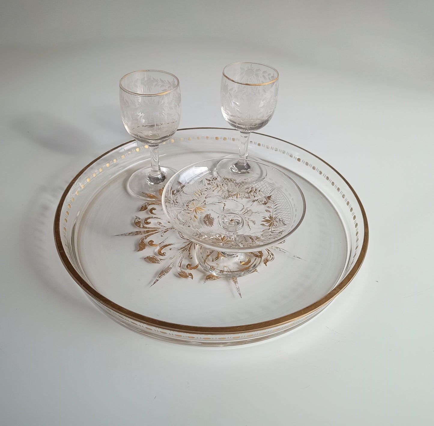Antique French Aperitif Drinks Service: Tray, Tazza & 2 Glasses: Engraved Garlands, Gilt Decor, Belle Epoque