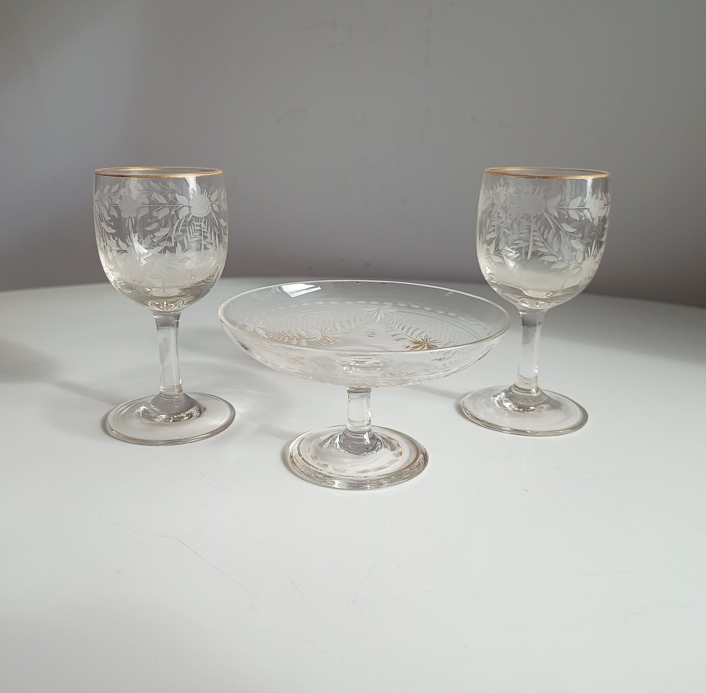 Antique French Aperitif Drinks Service: Tray, Tazza & 2 Glasses: Engraved Garlands, Gilt Decor, Belle Epoque