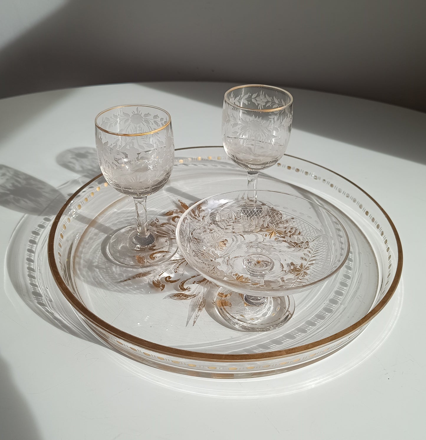 Antique French Aperitif Drinks Service: Tray, Tazza & 2 Glasses: Engraved Garlands, Gilt Decor, Belle Epoque