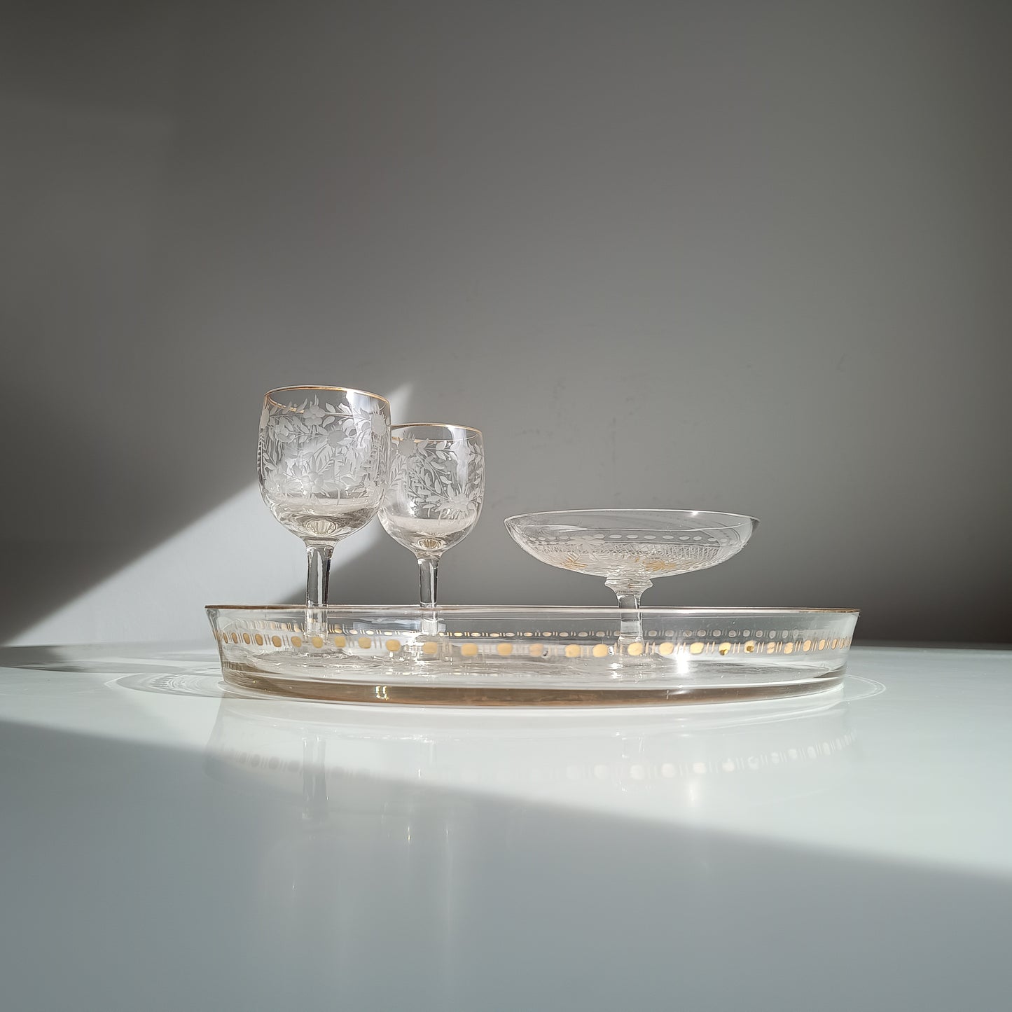 Antique French Aperitif Drinks Service: Tray, Tazza & 2 Glasses: Engraved Garlands, Gilt Decor, Belle Epoque