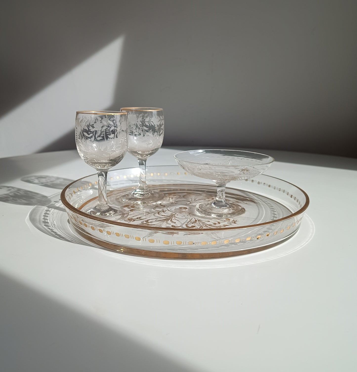Antique French Aperitif Drinks Service: Tray, Tazza & 2 Glasses: Engraved Garlands, Gilt Decor, Belle Epoque