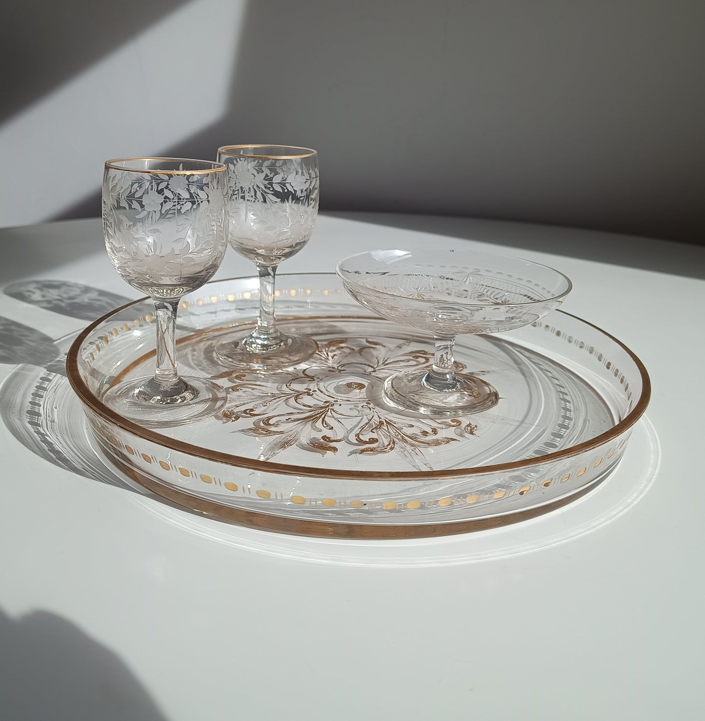 Antique French Aperitif Drinks Service: Tray, Tazza & 2 Glasses: Engraved Garlands, Gilt Decor, Belle Epoque