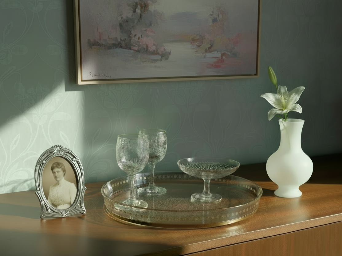 Antique French Aperitif Drinks Service: Tray, Tazza & 2 Glasses: Engraved Garlands, Gilt Decor, Belle Epoque