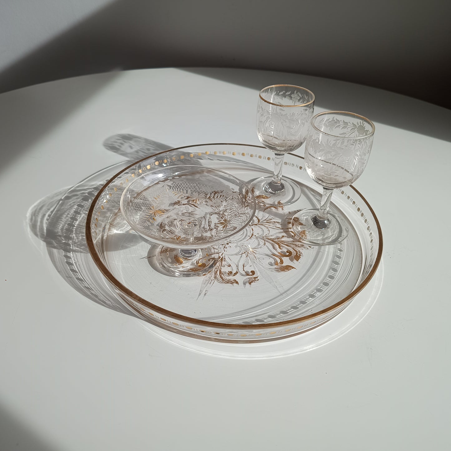 Antique French Aperitif Drinks Service: Tray, Tazza & 2 Glasses: Engraved Garlands, Gilt Decor, Belle Epoque