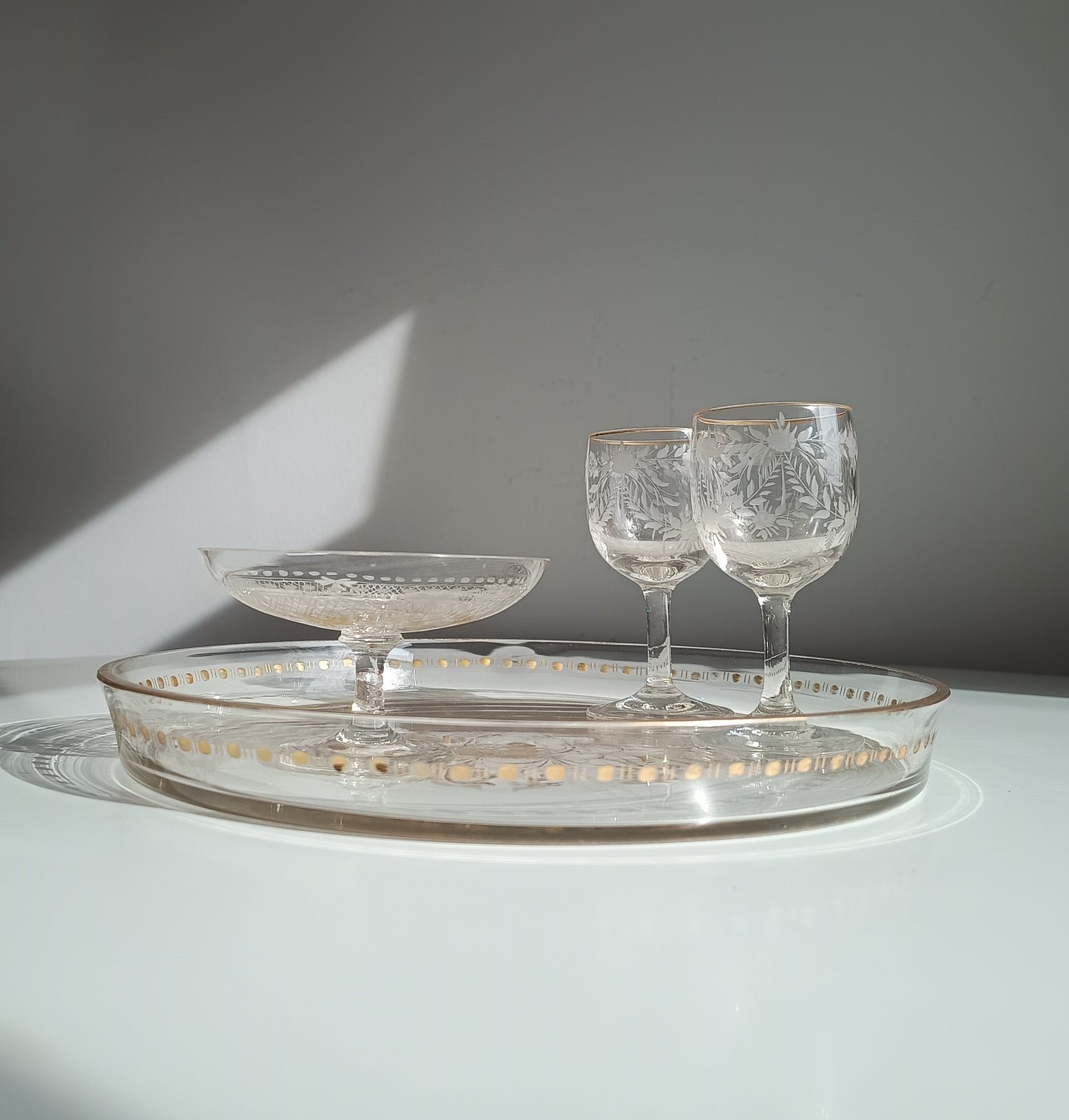 Antique French Aperitif Drinks Service: Tray, Tazza & 2 Glasses: Engraved Garlands, Gilt Decor, Belle Epoque