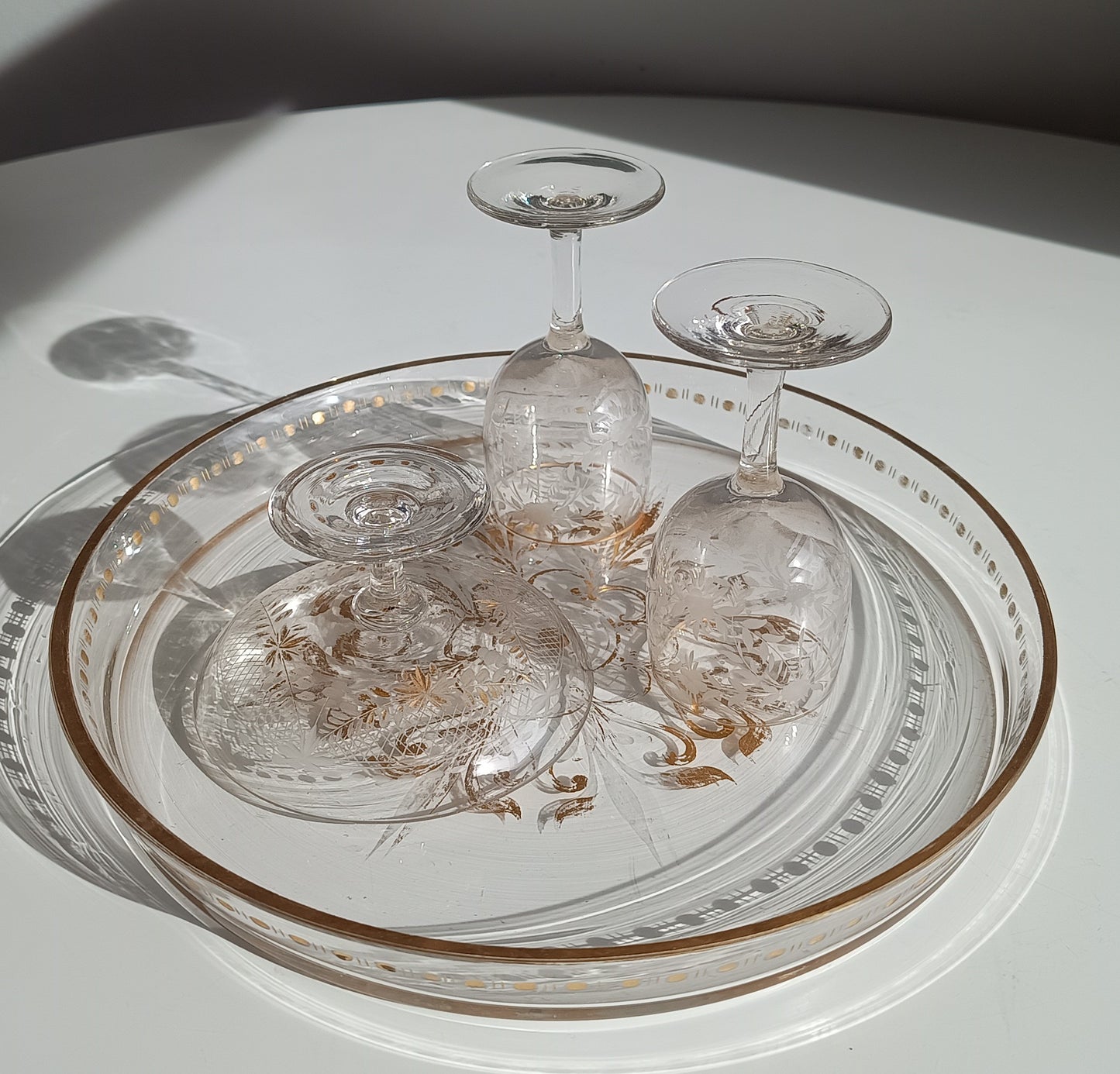 Antique French Aperitif Drinks Service: Tray, Tazza & 2 Glasses: Engraved Garlands, Gilt Decor, Belle Epoque