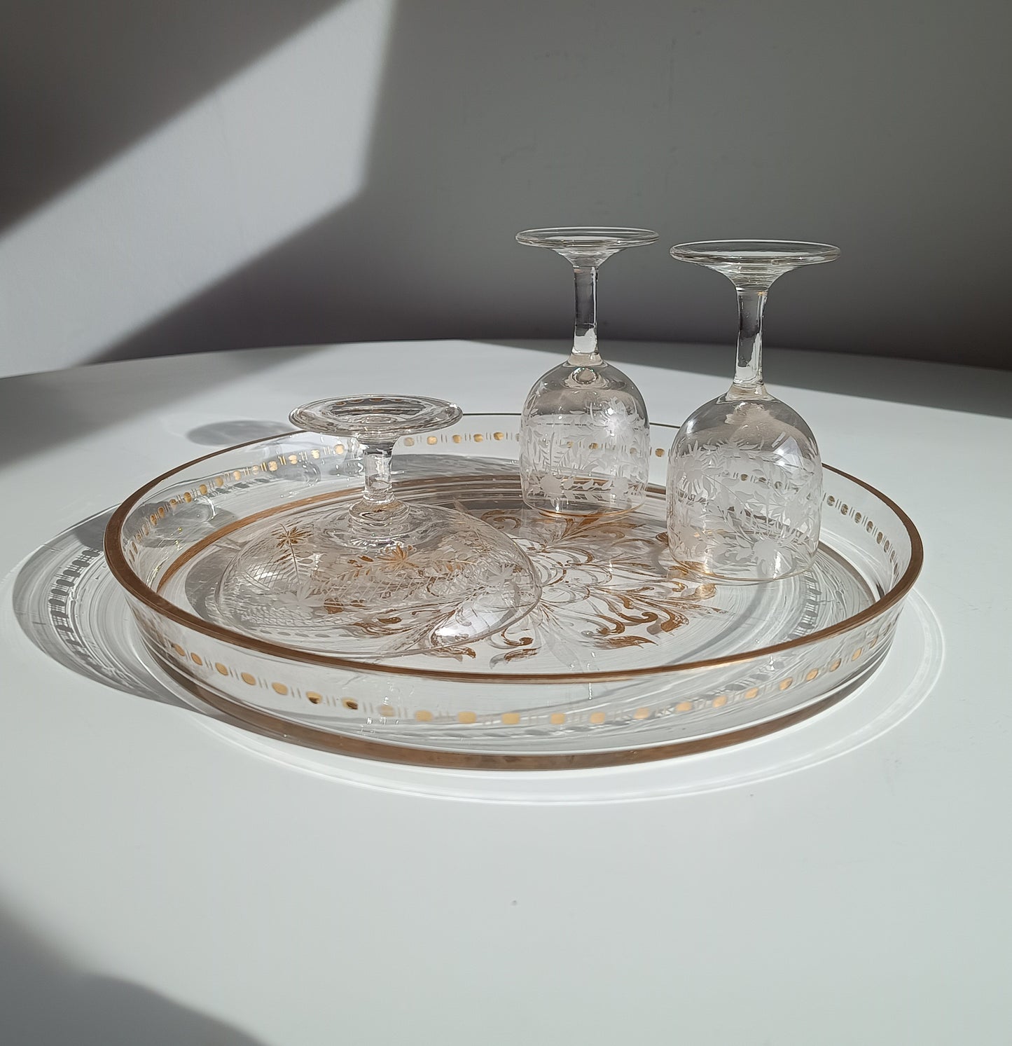 Antique French Aperitif Drinks Service: Tray, Tazza & 2 Glasses: Engraved Garlands, Gilt Decor, Belle Epoque