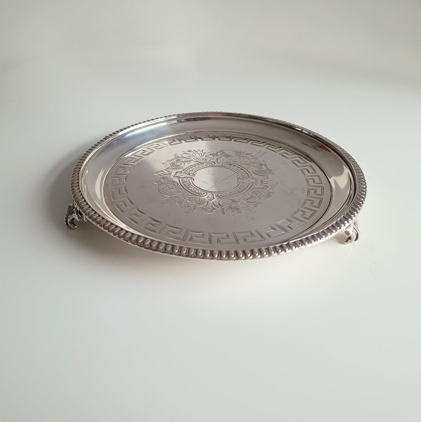 Georgian Style Silver Plate Footed Salver or Small Drinks Tray, Neo-classical Greek Key Decor