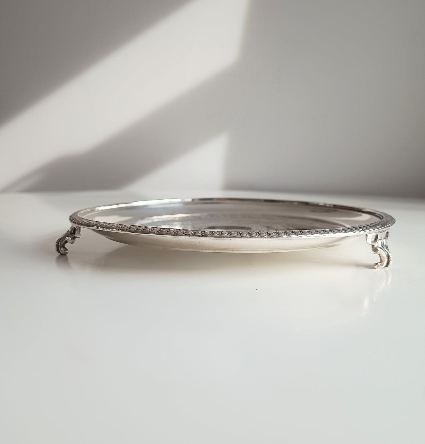 Georgian Style Silver Plate Footed Salver or Small Drinks Tray, Neo-classical Greek Key Decor