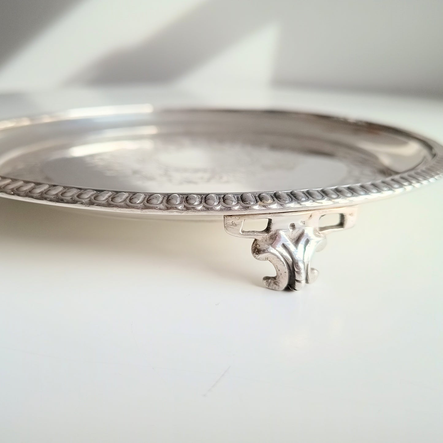 Georgian Style Silver Plate Footed Salver or Small Drinks Tray, Neo-classical Greek Key Decor