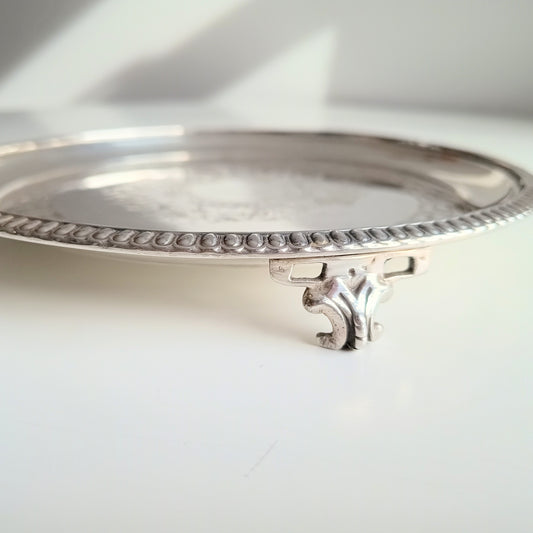 Georgian Style Silver Plate Footed Salver or Small Drinks Tray, Neo-classical Greek Key Decor