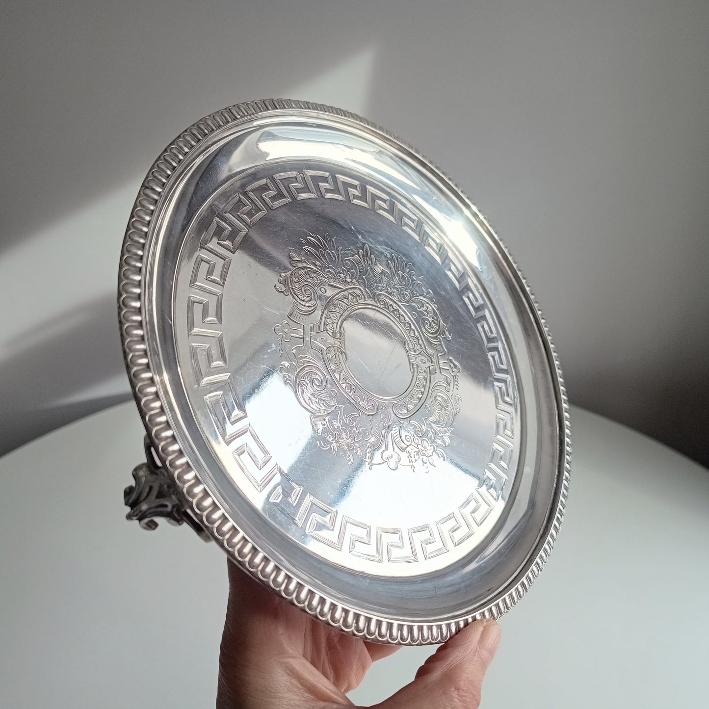 Georgian Style Silver Plate Footed Salver or Small Drinks Tray, Neo-classical Greek Key Decor