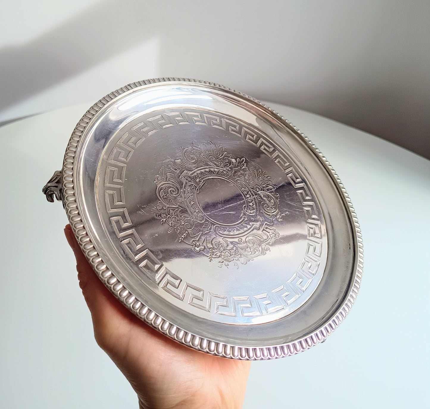 Georgian Style Silver Plate Footed Salver or Small Drinks Tray, Neo-classical Greek Key Decor