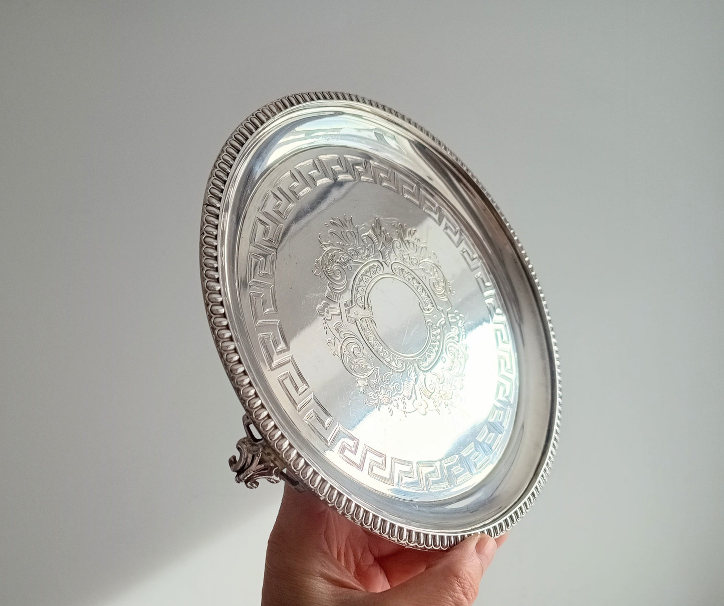 Georgian Style Silver Plate Footed Salver or Small Drinks Tray, Neo-classical Greek Key Decor