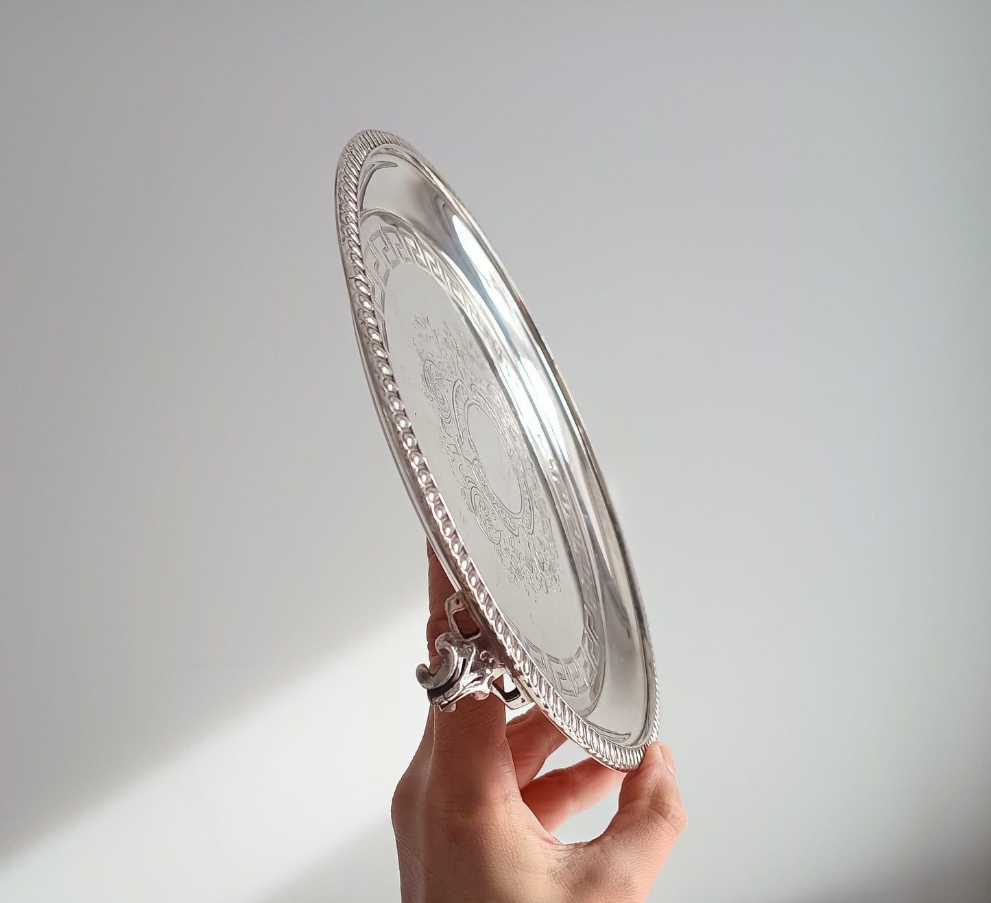 Georgian Style Silver Plate Footed Salver or Small Drinks Tray, Neo-classical Greek Key Decor