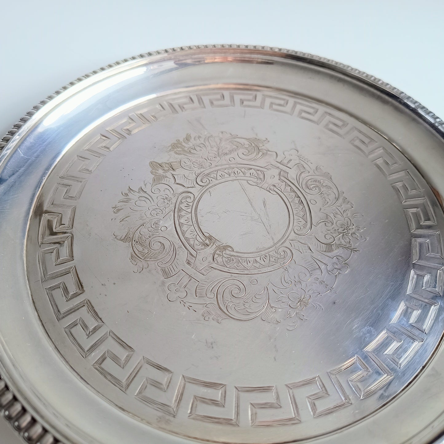 Georgian Style Silver Plate Footed Salver or Small Drinks Tray, Neo-classical Greek Key Decor