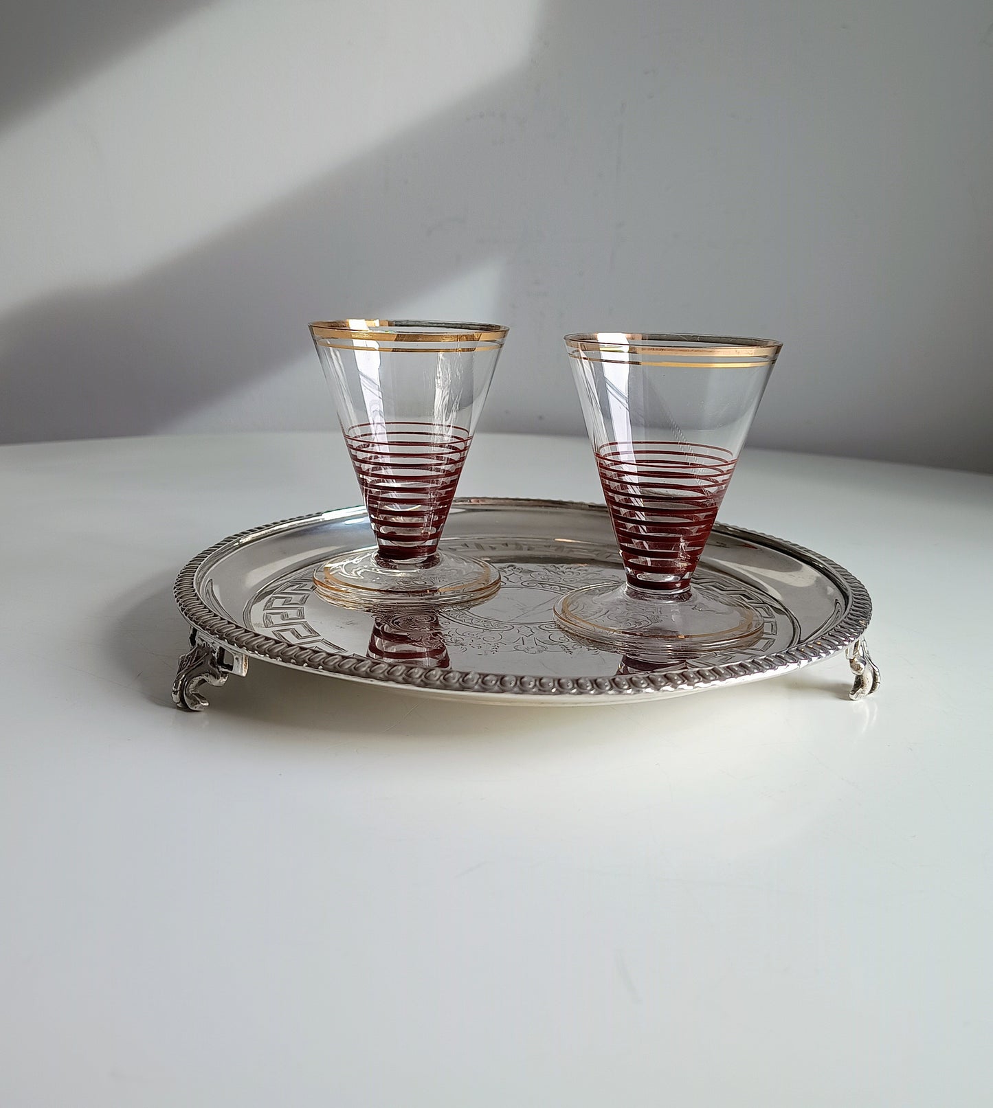 Georgian Style Silver Plate Footed Salver or Small Drinks Tray, Neo-classical Greek Key Decor