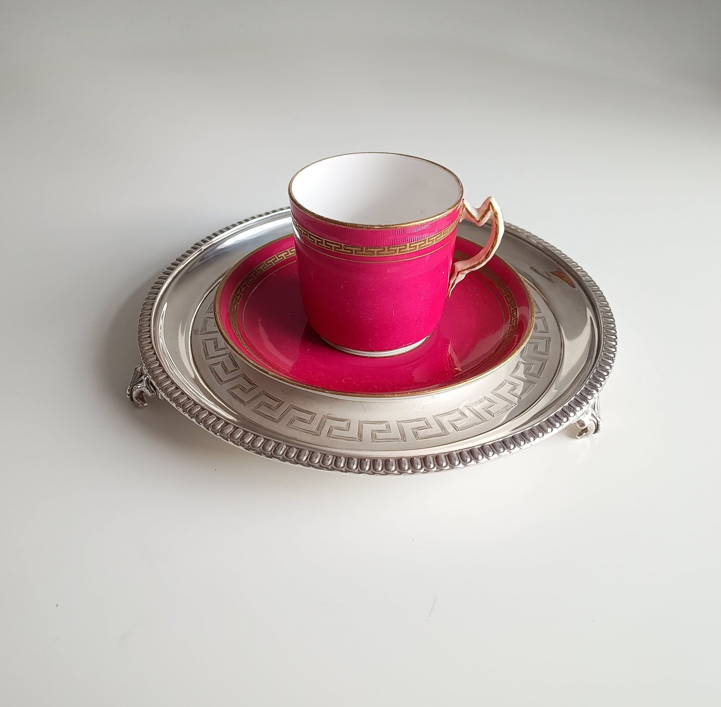 Georgian Style Silver Plate Footed Salver or Small Drinks Tray, Neo-classical Greek Key Decor