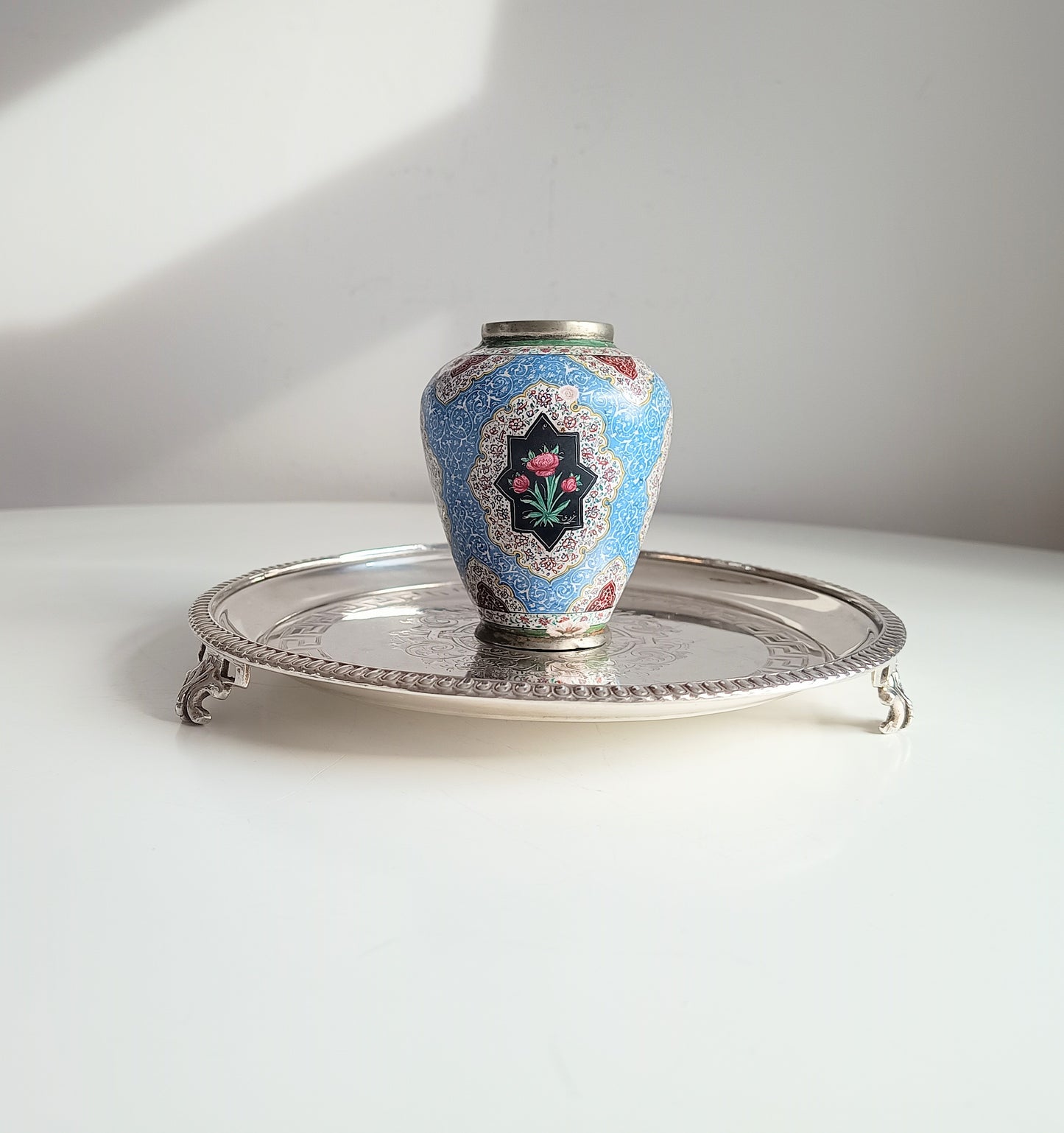 Georgian Style Silver Plate Footed Salver or Small Drinks Tray, Neo-classical Greek Key Decor