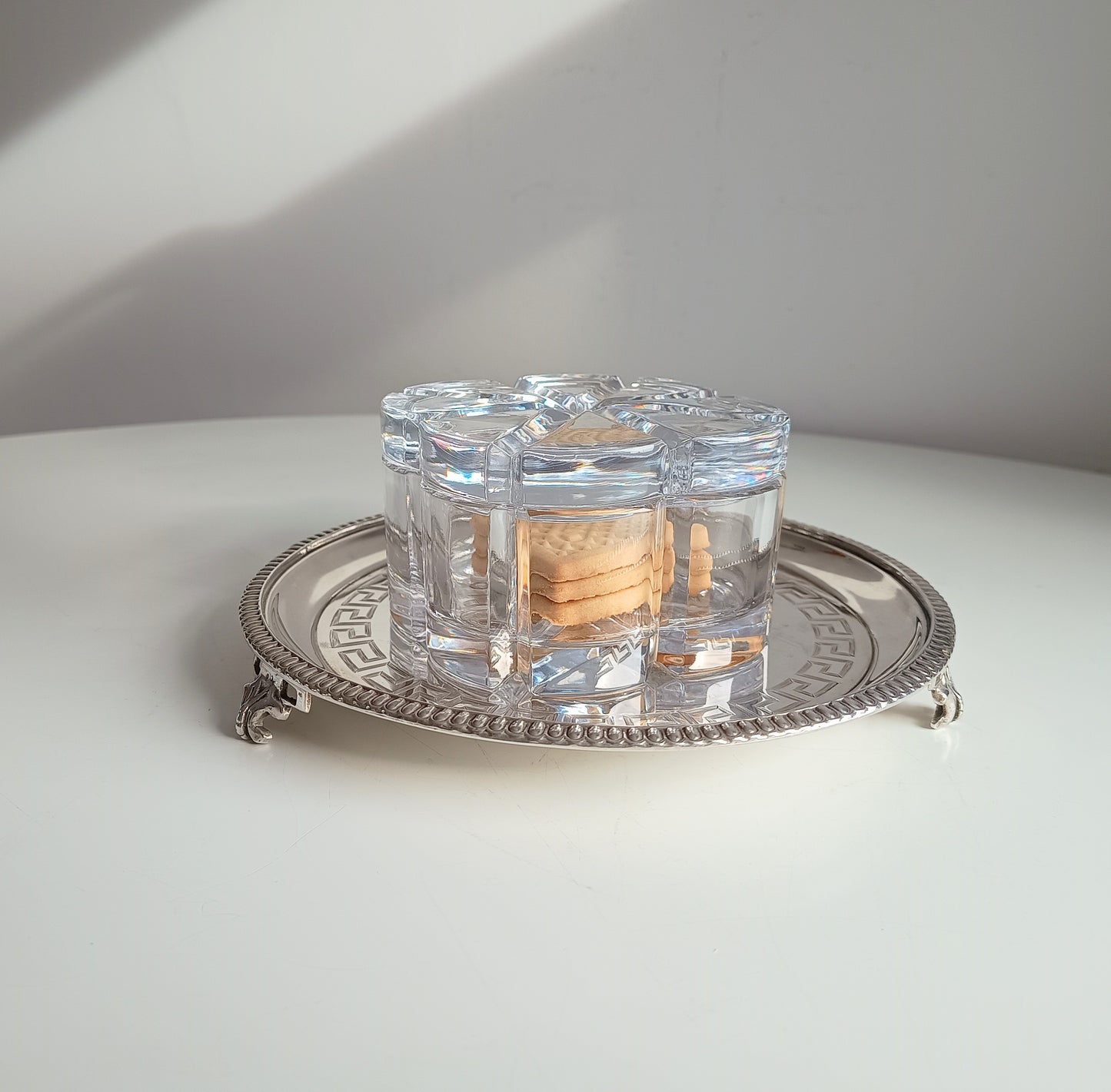 Georgian Style Silver Plate Footed Salver or Small Drinks Tray, Neo-classical Greek Key Decor