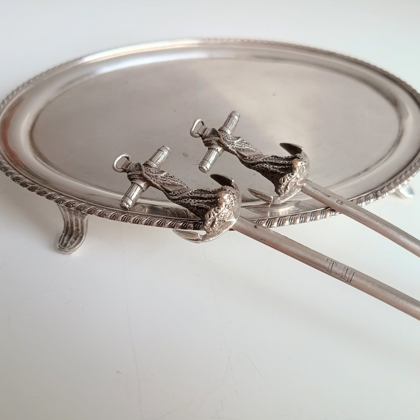 Pair of French Cailar Bayard Art Nouveau Silvered Anchor Fish / Meat Skewers: Belle Epoque