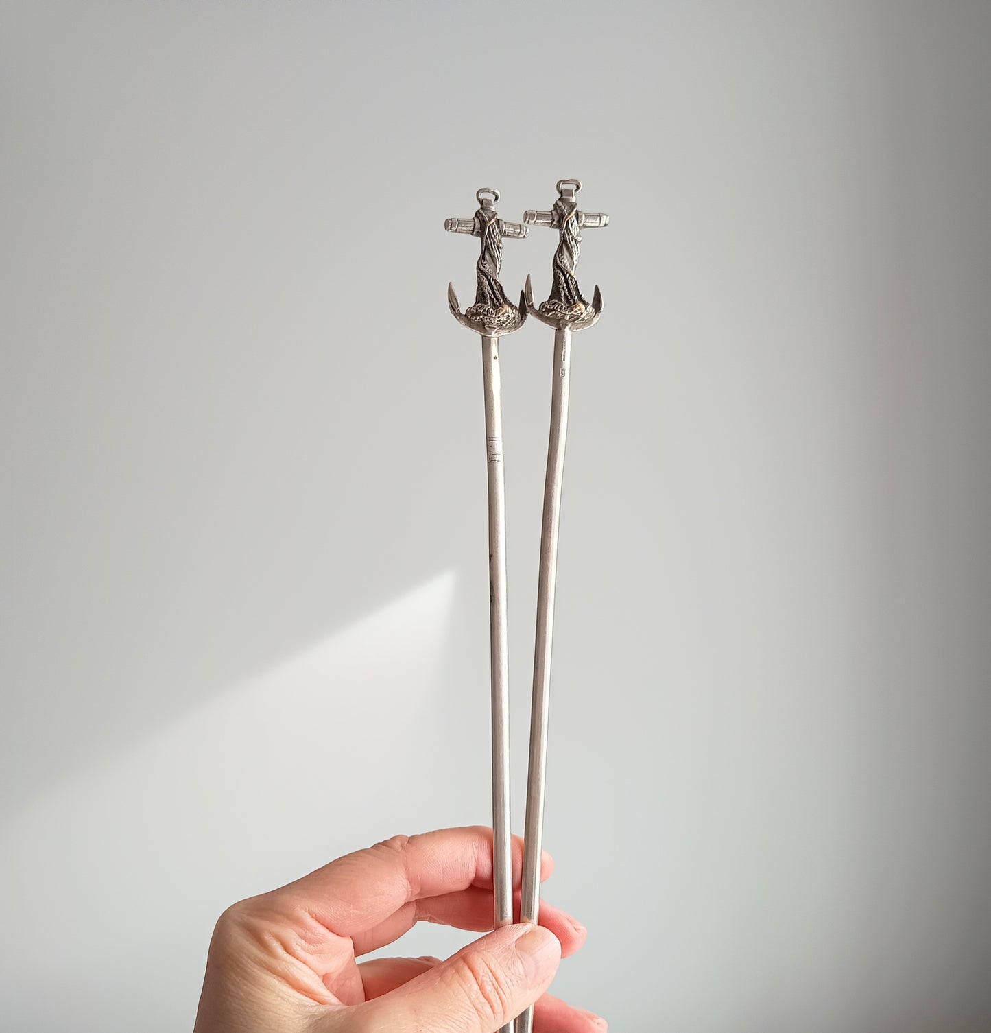 Pair of French Cailar Bayard Art Nouveau Silvered Anchor Fish / Meat Skewers: Belle Epoque